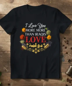 I Love You MORE MORE THAN IRAQIS LOVE Dolma Arabic script T-Shirt with vibrant spice and food graphics