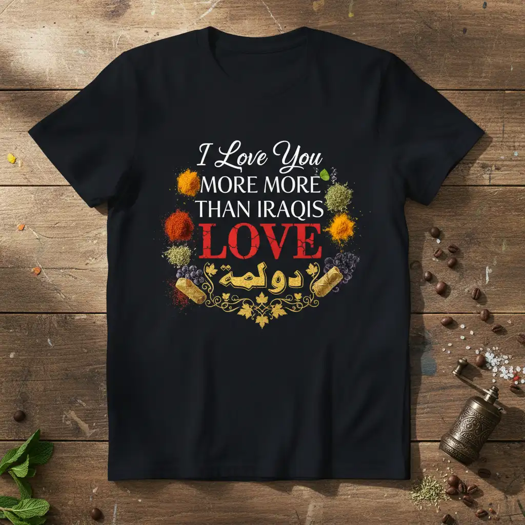 I Love You MORE MORE THAN IRAQIS LOVE Dolma Arabic script t-shirt design with spices and food graphic