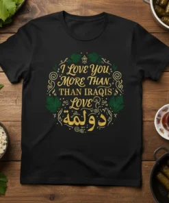 Black t-shirt with gold text "I Love You More Than Iraqis Love Dolma" and Arabic script, framed by green leaves