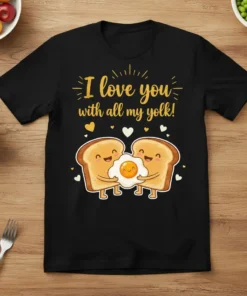 I love you with all my yolk text above cute toast and fried egg illustration on black t-shirt