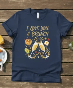 I LOVE YOU A BRUNCH text with champagne glasses and breakfast food graphics on a navy t-shirt