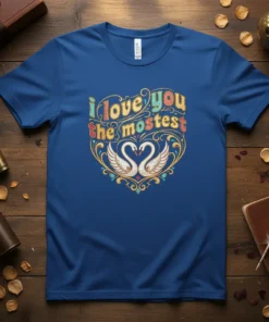 I love you the mostest t-shirt with two swans forming a heart shape in ornate vintage design