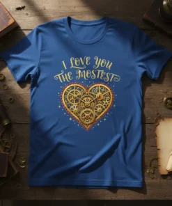 Steampunk heart design with "I LOVE YOU the MOSTEST" text on a royal blue t-shirt