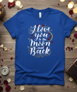I love you to the moon and Back quote t-shirt with decorative hearts and stars, romantic script design