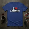 I Love Zombies t-shirt design with a stylized heart and zombie figures in white and red text on a blue