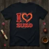 Black t-shirt with "I Love Zuko" text, a fiery heart containing a dragon silhouette, and glowing red outline