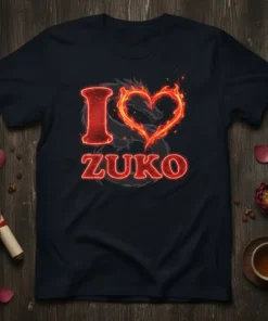 Black t-shirt with "I Love Zuko" text, a fiery heart containing a dragon silhouette, and glowing red outline