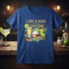 I LOVE A GOOD THRESOME THRESOME text with shot glass, lime, and salt on a blue t-shirt