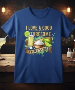I LOVE A GOOD THRESOME THRESOME text with shot glass, lime, and salt on a blue t-shirt
