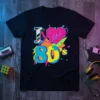 I Love The 80's graphic t-shirt with neon pink heart, geometric shapes, and bold colorful numbers