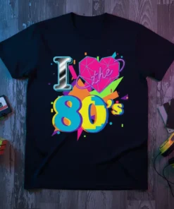 I Love The 80's graphic t-shirt with neon pink heart, geometric shapes, and bold colorful numbers