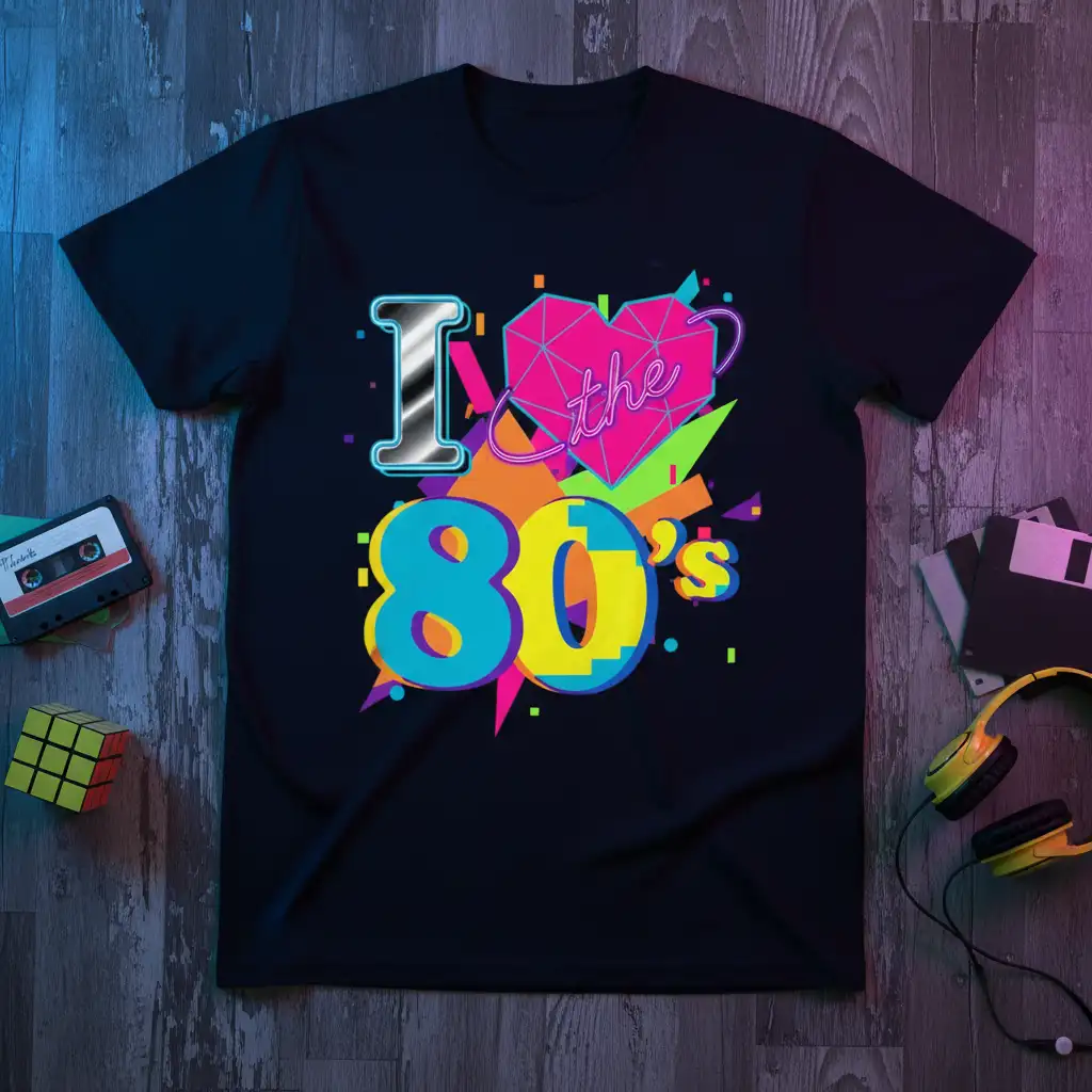 I Love The 80's graphic tee with iconic 80s design elements and vibrant colors