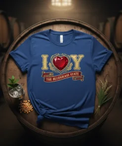 I Love The Bluegrass State T-Shirt featuring gold lettering and a red heart graphic with detailed scrollwork