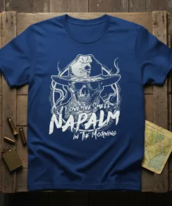 T-shirt with "I Love The Smell Of Napalm In The Morning" text and skull graphic in cowboy hat