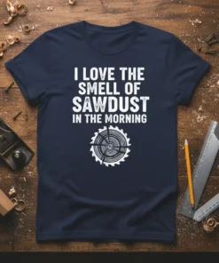 White text "I Love The Smell Of Sawdust In The Morning" with a circular saw blade graphic on a navy