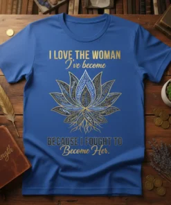 I LOVE THE WOMAN I've become BECAUSE I FOUGHT TO Become Her quote on a blue t-shirt with a golden