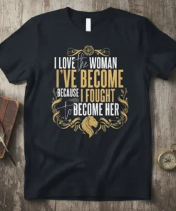 I LOVE the WOMAN I'VE BECOME BECAUSE I FOUGHT to BECOME HER quote with lion head graphic on black t-shirt