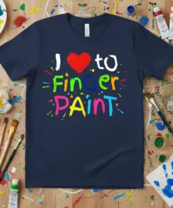 I love to Finger Paint text with a red heart and colorful paint splatters on a navy blue t-shirt