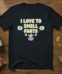 Funny "I Love To Smell Farts" text design with cartoon nose and clouds on a black t-shirt