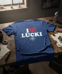 Blue t-shirt with white text "I LÜCKI" and a red heart graphic above. Includes a compass rose illustration below