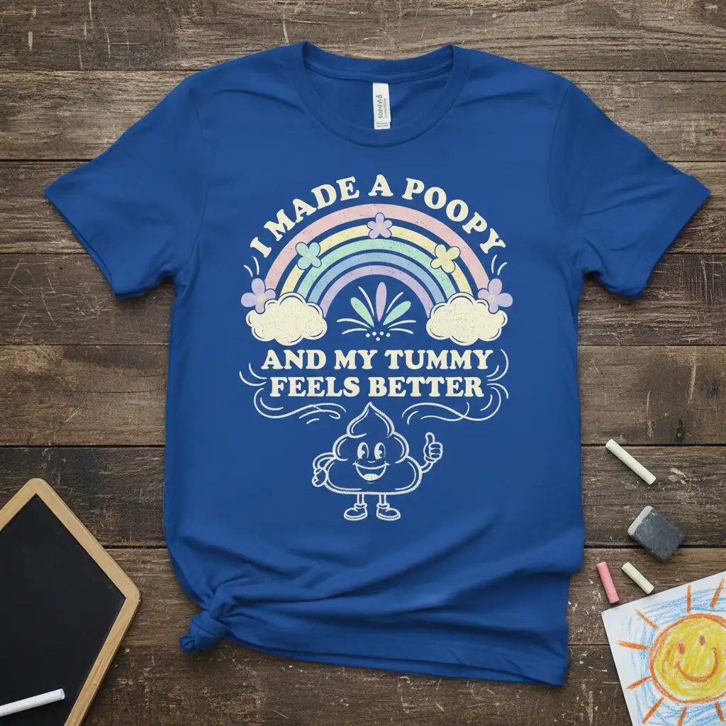 I Made A Poopy And My Tummy Feels Better humorous phrase on a toddler t-shirt with a cute poop character