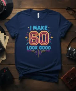 I Make 60 Look Good text with neon-style numbers and graphic elements on a navy t-shirt