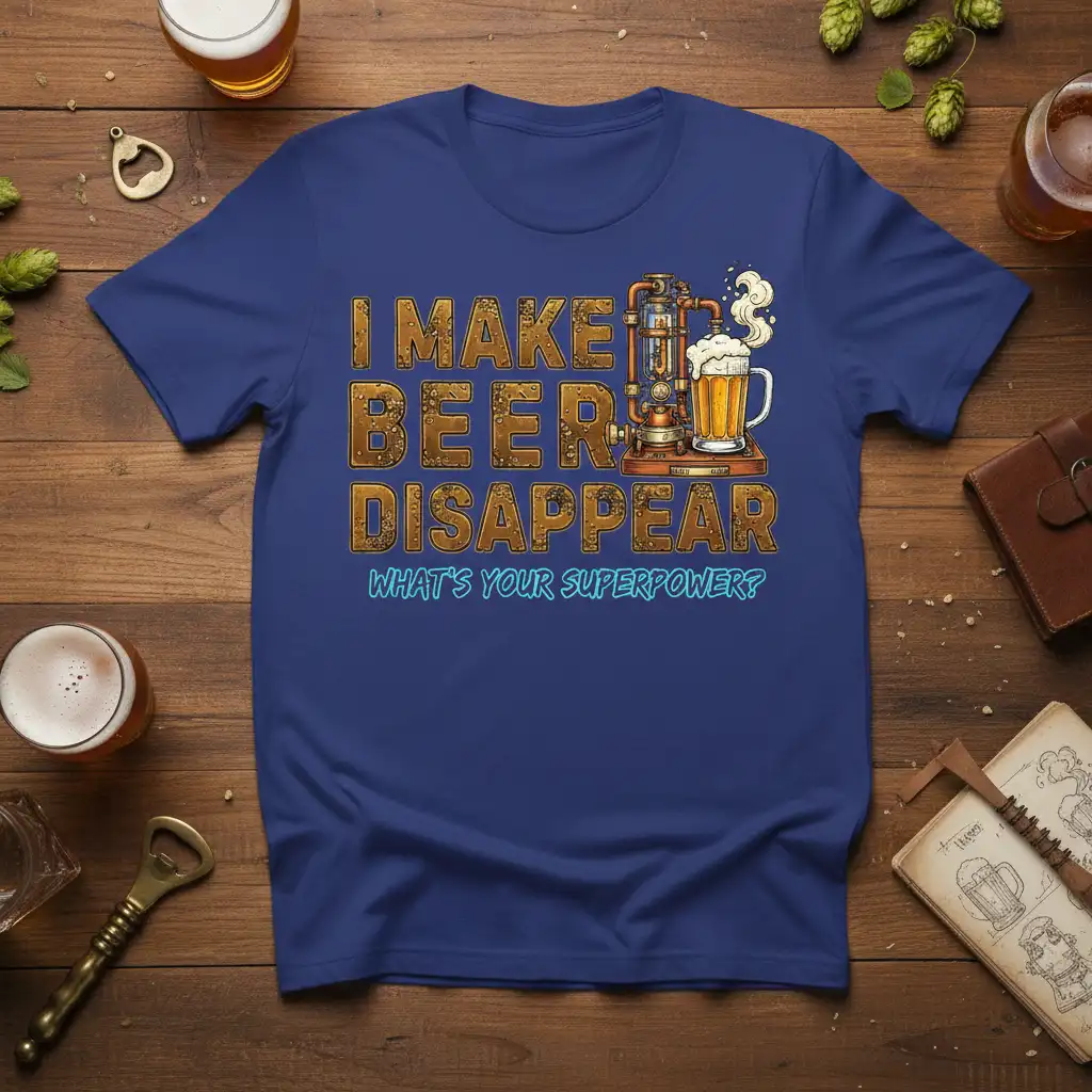I MAKE BEER DISAPPEAR WHAT'S YOUR SUPERPOWER quote design with steampunk beer brewing illustration