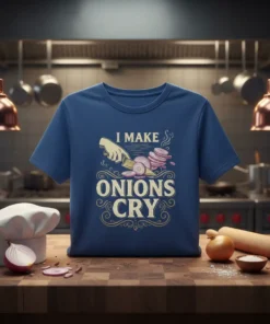 Funny "I Make Onions Cry" quote t-shirt design with a graphic of a hand slicing onions