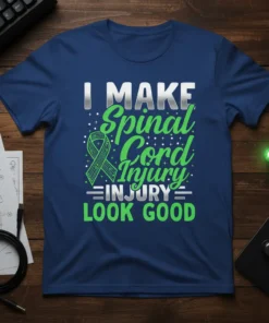 I Make Spinal Cord Injury Look Good text with green awareness ribbon and typography on a navy t-shirt