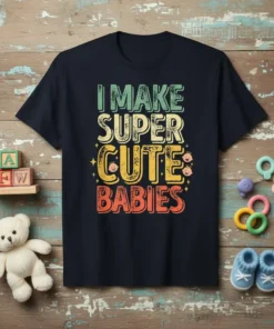 I MAKE SUPER CUTE BABIES text design with colorful distressed typography and baby faces graphic on a navy t-shirt