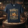 I Make Whiskey Disappear Whats Your Superpower t-shirt with a graphic of a whiskey glass filled with ice and liquid