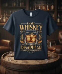 I Make Whiskey Disappear Whats Your Superpower t-shirt with a graphic of a whiskey glass filled with ice and liquid