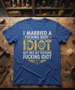 I Married A Fucking Idiot But He's My Fucking Idiot T-Shirt with bold yellow and white typography and a broken