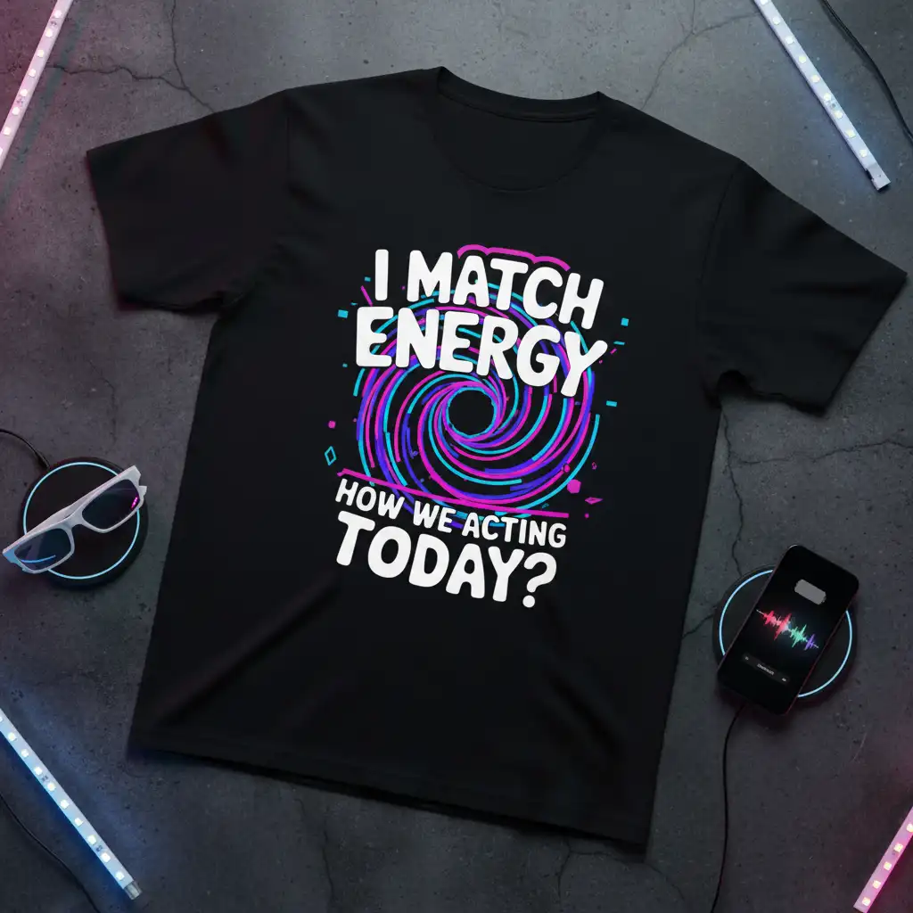 I MATCH ENERGY HOW WE ACTING TODAY? quote with a psychedelic vortex graphic on a black tee
