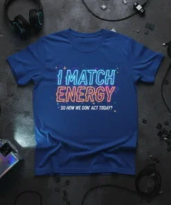 Blue t-shirt with neon-style text "I MATCH ENERGY SO HOW WE GON' ACT TODAY?" in English