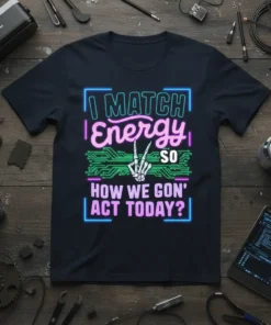 I MATCH Energy SO HOW WE GON' ACT TODAY? text with neon border and skeleton hand making peace sign on