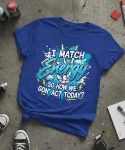 I MATCH Energy SO HOW WE GON' ACT TODAY? text design with graffiti-style graphics and skeleton hands, printed on a