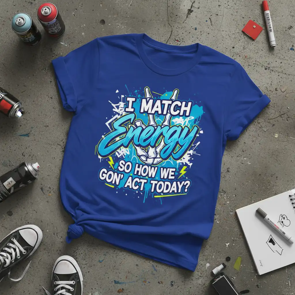 I MATCH Energy SO HOW WE GON' ACT TODAY? quote with energetic graffiti art and skeleton hand graphic on a blue t-shirt