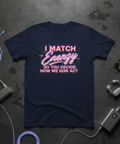 Navy blue t-shirt with neon-style text: "I MATCH Energy SO YOU DECIDE HOW WE GON ACT"