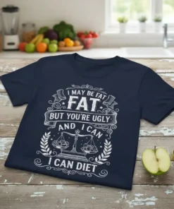 Navy t-shirt with white text: "I MAY BE FAT BUT YOU'RE UGLY AND I CAN I CAN DIET" and a