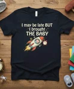 I May Be Late But I Brought The Baby quote with a baby in a rocket ship design on a