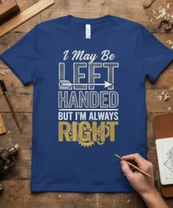 I May Be LEFT HANDED BUT I'M ALWAYS RIGHT quote on a blue t-shirt with distressed gold lettering for RIGHT