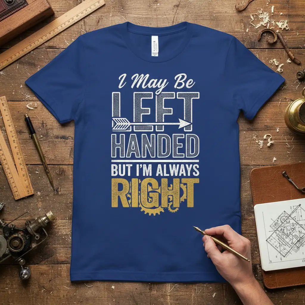 I May Be LEFT HANDED BUT I'M ALWAYS RIGHT quote design with arrow and gear accents on a royal blue t-shirt