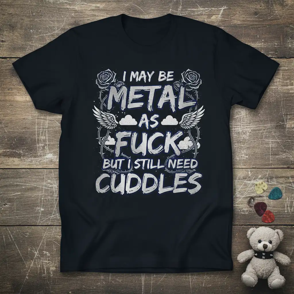 I May Be Metal As Fuck But I Still Need Cuddles humorous quote design on a black t-shirt with gothic roses and