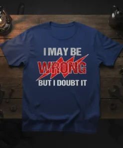 I May Be Wrong But I Doubt It humorous quote t-shirt design with distressed red text and lightning graphic