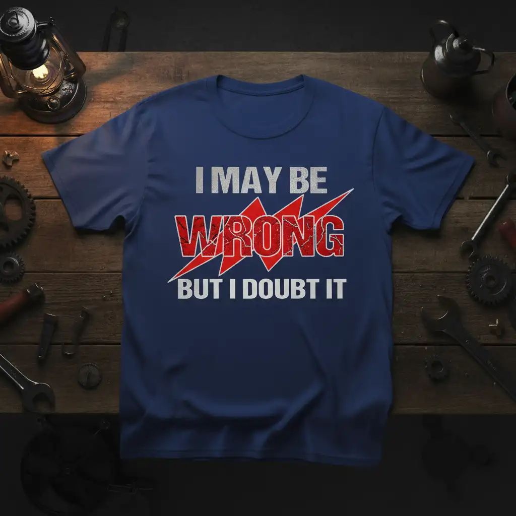 I May Be Wrong But I Doubt It quote t-shirt with distressed red text and lightning bolt graphic