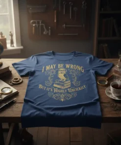 I May Be Wrong But It's Highly Unlickily quote t-shirt with owl on books graphic, gold print on navy tee