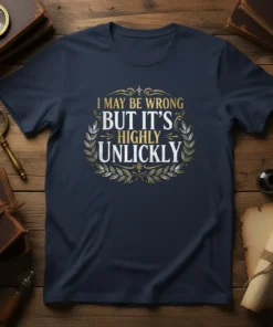 Navy t-shirt featuring the quote "I May Be Wrong But It's Highly Unluckly" in decorative gold and white lettering