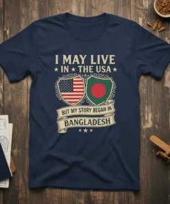 T-shirt with text "I May Live in the USA But My Story Began in Bangladesh" featuring US and Bangladesh flags