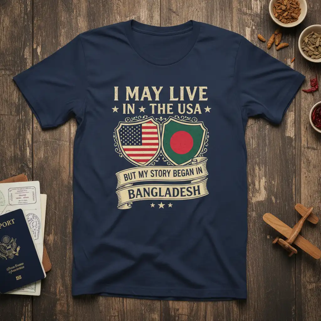 I May Live in the USA But My Story Began in Bangladesh quote tee with US and Bangladeshi flags